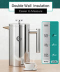 Premium French Press Coffee Maker With Built In Measurement Marks For Smooth Daily Brews Made From Safe Non Toxic Materials In Sleek Silver, featuring double wall insulation.