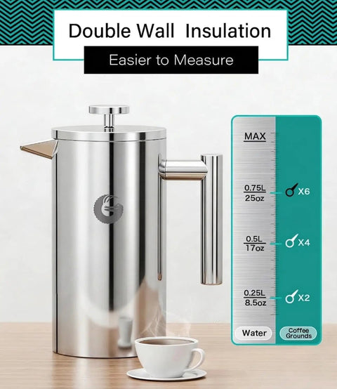 Premium French Press Coffee Maker With Built In Measurement Marks For Smooth Daily Brews Made From Safe Non Toxic Materials In Sleek Silver, featuring double wall insulation.
