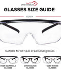 Top Shelf Anti Fog Safety Glasses Over Eyeglasses Clear Impact Resistant Polycarbonate Lenses size guide showing dimensions and fit over glasses.