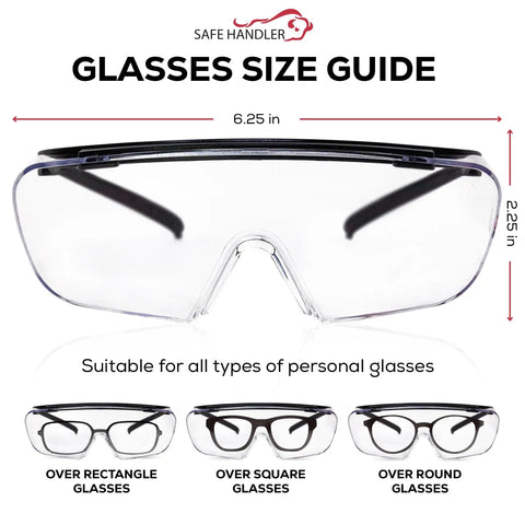 Top Shelf Anti Fog Safety Glasses Over Eyeglasses Clear Impact Resistant Polycarbonate Lenses size guide showing dimensions and fit over glasses.