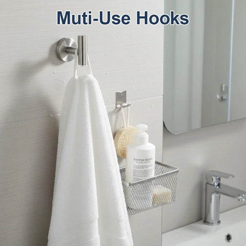 Dope 7 Piece Bathroom Hardware Set In Brushed Nickel Stainless Steel with towel on hook, bath accessory kit for modern remodel
