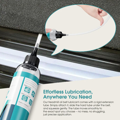 100 Percent Silicone Treadmill Belt Lubricant For High Temperature Stability Keeps Your Run Smooth By Reducing Friction And Wear Extends Treadmill Life Odorless Non Toxic Easy To Use Includes Application Tubes And Precision Screw Caps Eight Ounces with application demonstration in treadmill belt, showing effortless lubrication with included extension tube.