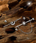 Dope Industrial Piercing Jewelry 316L Surgical Steel Barbell With Clear CZ Moon Dangle, 38mm Long, 14G, industrial earrings.