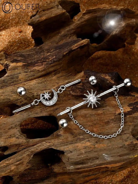 Dope Industrial Piercing Jewelry 316L Surgical Steel Barbell With Clear CZ Moon Dangle, 38mm Long, 14G, industrial earrings.