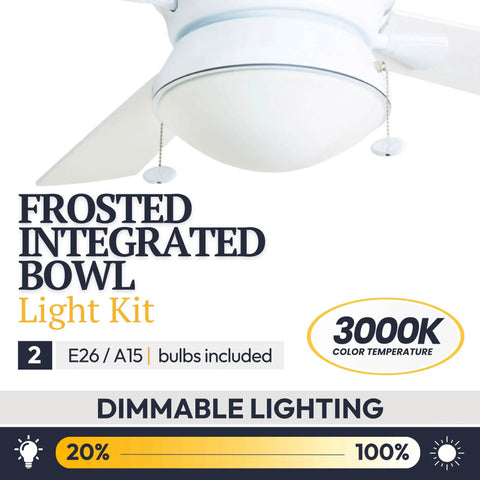 Auletta 52 Inch Outdoor And Indoor Ceiling Fan With Light Pull Chain Dual Mounting Options Slick Dual Finish Blades Reversible Motor White Finish Integrated Light Kit Damp Rated For Outdoor Use Whisper Quiet highlighting frosted integrated bowl and dimmable lighting