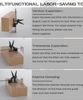 Multifunctional labor-saving tool demonstrating vertical, transverse, and internal clamping use with wood material.