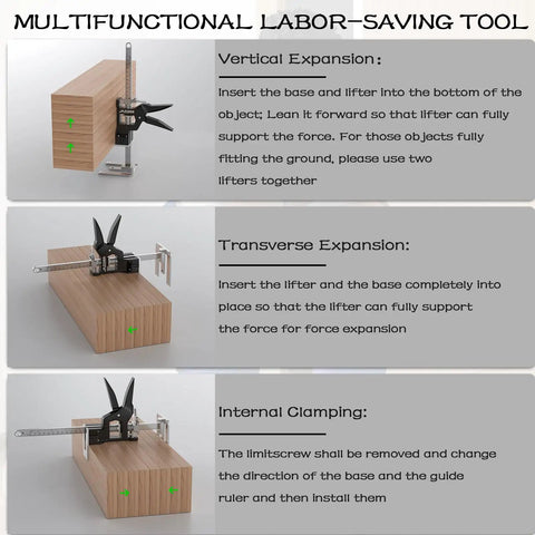 Multifunctional labor-saving tool demonstrating vertical, transverse, and internal clamping use with wood material.