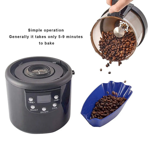 Automatic Hot Air Coffee Bean Roaster With Smart Timing And Integrated Cooling For Home Brews crafting fresh roasts with displayed beans.