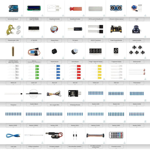 Image of Starter Kit For Arduino Projects With Breadboard, LCD1602 Module, Jumpers, Servo, Sensors, LEDs, and 28 lessons