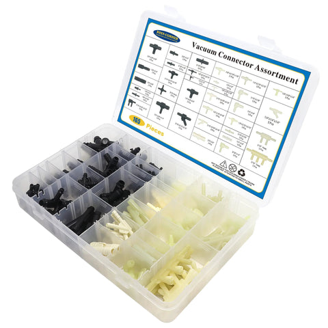 Automotive vacuum connector kit with 165 pieces and 34 sizes in a plastic case for car vacuum and PCV systems.