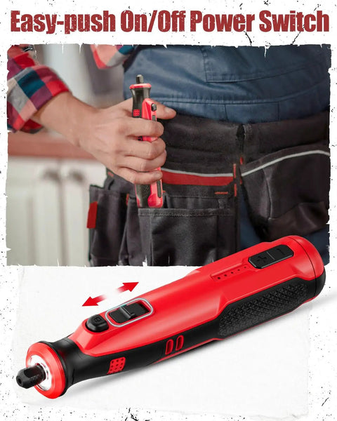 Cordless Rotary Tool 8V Handheld Grinder For Dog Nails And DIY Projects in Light Red, shown in pocket for easy portability.