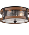 Industrial Farmhouse Two Light Drum Ceiling Fixture With Seeded Glass Shades In Black And Rustic Wood Grain Finish, close-up angle