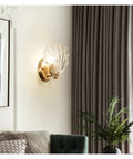Crystal Wall Lights Living Room Bedroom Lamp Sconces Lighting - Shell Copper Light Fixture Corridor Decoration T-155 on wall with plush sofa.