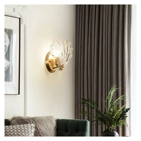 Crystal Wall Lights Living Room Bedroom Lamp Sconces Lighting - Shell Copper Light Fixture Corridor Decoration T-155 on wall with plush sofa.