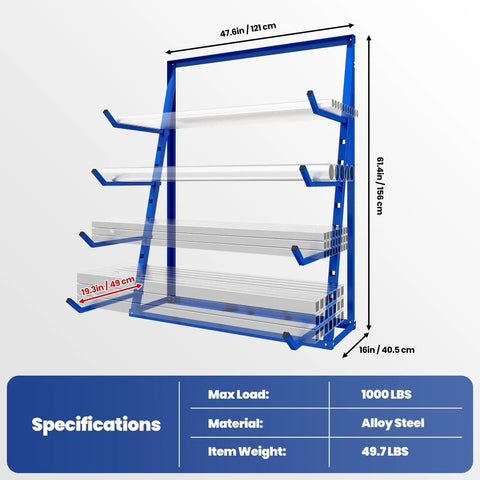 Heavy Hitter 4 Tier Lumber Rack Built Like A Tank With Reinforced Alloy Steel And Anti Rust Pipes handles up to 1000 pounds specification image.