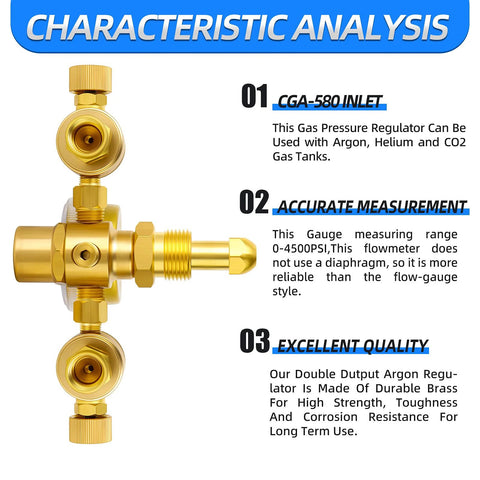 Meanlin Measure argon regulator flow meter with 6.5 ft hose, dual output, gold brass body, CGA-580 inlet, 5/8 in 18RH outlet