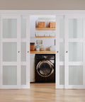 Sliding Barn Closet Doors 96x80 Inches Double Panel With Frosted Glass 3 Panel Privacy White MDF PVC Surface Hardware Included