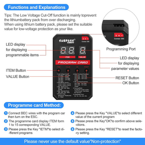 Front view of LED RC ESC Programmer Card for Brushless ESCs 25A-150A, showing LED display and buttons with detailed instructions.