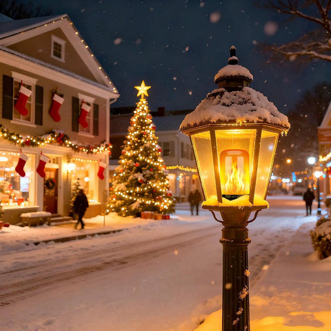 Street scene with snow-covered lamp post using Led Flame Light Bulbs With Four Modes For Outdoor Use E26 Base Realistic Flame Look.