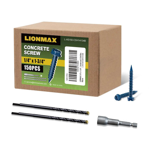Heavy Duty Concrete Screws Set Lionmax 150 Piece One Quarter Inch By One And Three Quarter Inch Hex Head Masonry Screws for block, brick, cement with drill bits.