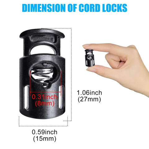 Durable POM Plastic Cord Locks Set With Single Hole Spring Toggles for shoelaces, dimensions shown with hand holding toggle