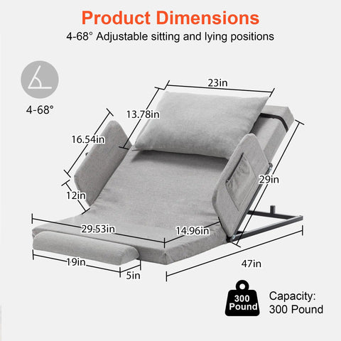 Big Power Electric Recliner Backrest With 300 Lbs Capacity showing product dimensions 4-68 degrees adjustable lying positions.