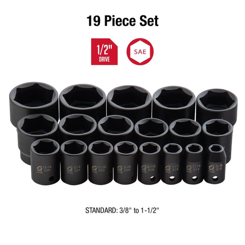 19-piece SAE 1/2 Inch Drive Impact Socket Set, Cr-Mo Alloy Steel, Radius Corner Design, Dual Size Markings, 3/8 to 1-1/2 Inch
