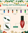 Diagram of 25ft string lights with 25 shatterproof bulbs, connectable design and spare fuse, highlighting a red bulb detail.