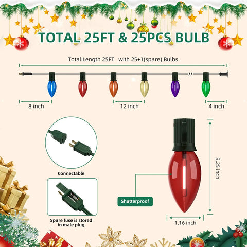 Diagram of 25ft string lights with 25 shatterproof bulbs, connectable design and spare fuse, highlighting a red bulb detail.