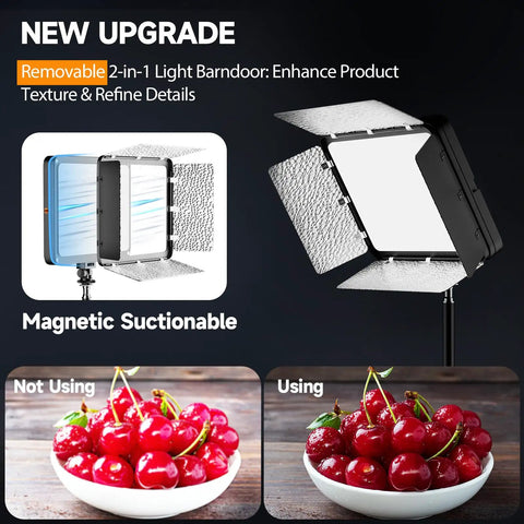 LED Video Light Kit With Phone Holder And Barndoor showing light effect on cherries