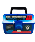 Front view of 88 Piece Bank Fishing Essentials Tackle Box Kit With Hooks Swivels Split Shot Floats Stringer And Disgorger In A Compact Blue Box Perfect Starter Gift For Beginner Anglers