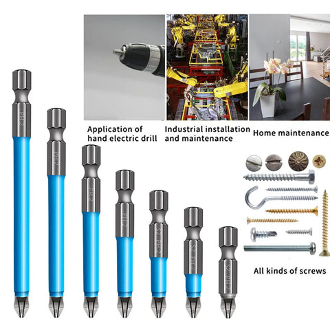 Pro Grade Magnetic Anti Slip Drill Bit Set with seven Phillips bits, S2 alloy steel, hex shank, displayed with various screws.