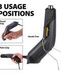 All In One Dual Temperature Electric Heat Gun Kit HT400 680F And 450F shown in three usage positions: pencil, palm, hands-free.