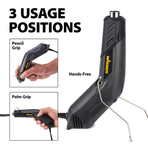All In One Dual Temperature Electric Heat Gun Kit HT400 680F And 450F shown in three usage positions: pencil, palm, hands-free.