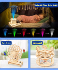 Six In One STEM Kit For Kids Ages Eight To Twelve With 3D Puzzles Building And Engineering Models Wood Arts And Craft Toys For Boys And Girls Hands On Science Activities Totally Kid Friendly Gift Idea displayed with fiber optic, magic window, and carousel models.