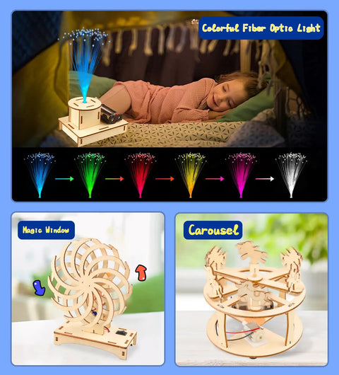 Six In One STEM Kit For Kids Ages Eight To Twelve With 3D Puzzles Building And Engineering Models Wood Arts And Craft Toys For Boys And Girls Hands On Science Activities Totally Kid Friendly Gift Idea displayed with fiber optic, magic window, and carousel models.