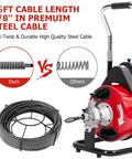 Electric Auto Feed Drain Cleaner Machine With Air Activated Foot Switch And 75 Feet Cord showing a 75ft premium steel cable.