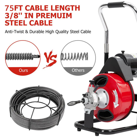 Electric Auto Feed Drain Cleaner Machine With Air Activated Foot Switch And 75 Feet Cord showing a 75ft premium steel cable.