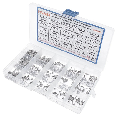 Slick 900 Piece M1 To M2 304 Stainless Steel Phillips Countersunk Flat Head Machine Screws And Metric Hex Nuts Assortment Kit in organized tray.