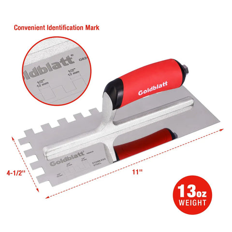 Half Inch Square Notch Trowel With Soft Grip Handle Pro Grade Stainless Steel Build, measuring 11 inches by 4.5 inches.