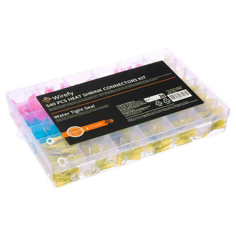 Heat Shrink Wire Connector Kit For Marine And Automotive Wiring Includes Insulated Ring Spade Fork Hook And Butt Terminals Crimp Connectors 22 To 10 Gauge 540 Pieces Weatherproof Heavy Duty Set in clear plastic case