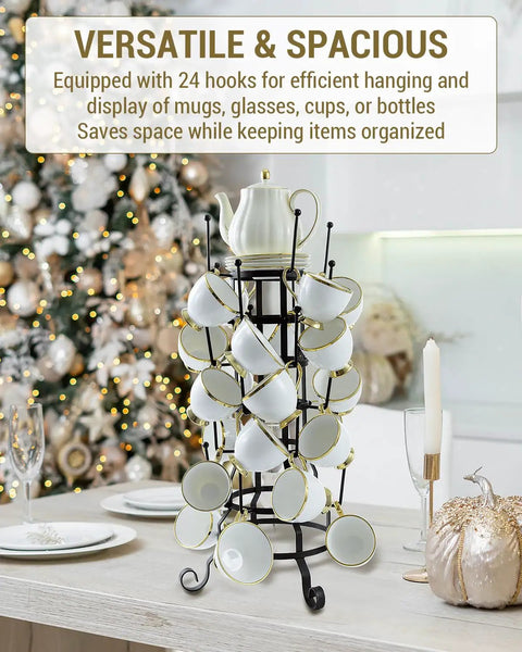 24-Hook Rustic Black Iron Coffee Mug Holder Mug Rack Cup Display Tree For Mugs Glasses Tea Cups Bottles Sturdy Kitchen Rack Drying Stand For Home Cafe Dining Room on holiday table
