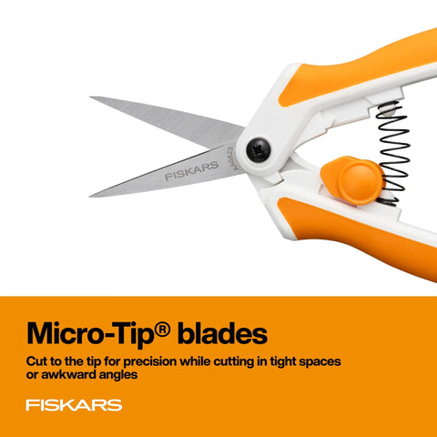 Micro Tip Spring Assisted Scissors For Precision Fabric Cutting With Stainless Steel Blades And Comfort Handle Ideal For Sewing Crafting And Detail Work shown with orange handles and micro-tip blades