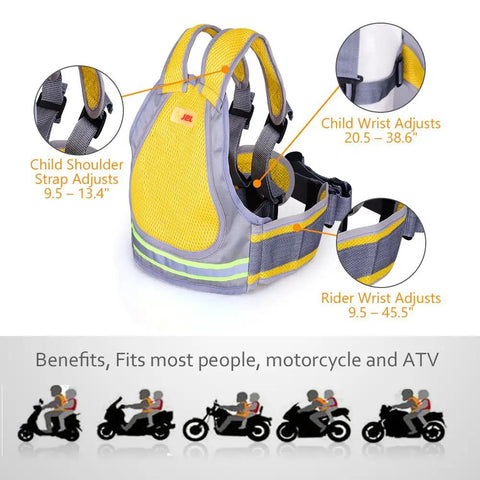 Four In One Kiddo Friendly Motorcycle Harness For Safe Rides In Bright Yellow With Breathable Fabric, Adjustable Belt For Motorcycle Or ATV Use, Attaches To Driver For Toddlers To About Twelve Years Old Up To Ninety Nine Pounds with size adjustments shown.