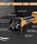 Badass No Nonsense Cordless Angle Grinder For 20V Battery Systems Featuring Brushless Motor And Smooth Variable Speed with auxiliary handle.