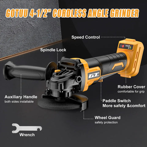 Badass No Nonsense Cordless Angle Grinder For 20V Battery Systems Featuring Brushless Motor And Smooth Variable Speed with auxiliary handle.
