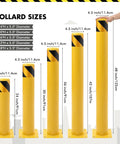 Kickass Heavy Duty Safety Bollard Posts Set Of Two 24 Inch Tall Steel Guards showing various sizes with bright yellow color and reflective tape.