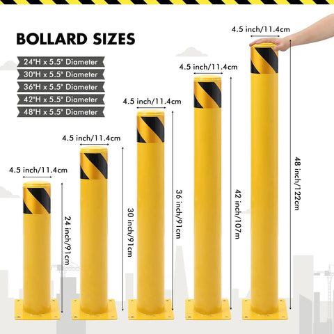 Kickass Heavy Duty Safety Bollard Posts Set Of Two 24 Inch Tall Steel Guards showing various sizes with bright yellow color and reflective tape.