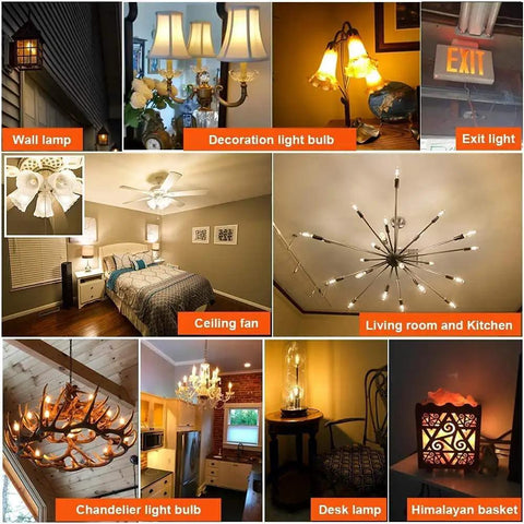 Collage showcasing uses of T8 LED Bulb With E12 Dimmable Base 110V 600 Lumens 3000K Dope Warm White in various fixtures.