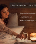 Dual Illumination Himalayan Salt Lamp Round Globe on wooden stand in cozy bedroom at night.